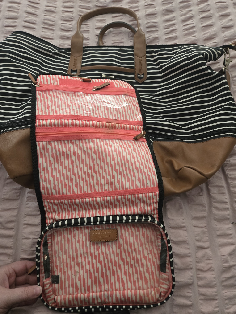 Stella & Dot Striped Black & White Weekender Tote with Brown Trim - Picture 2 of 4